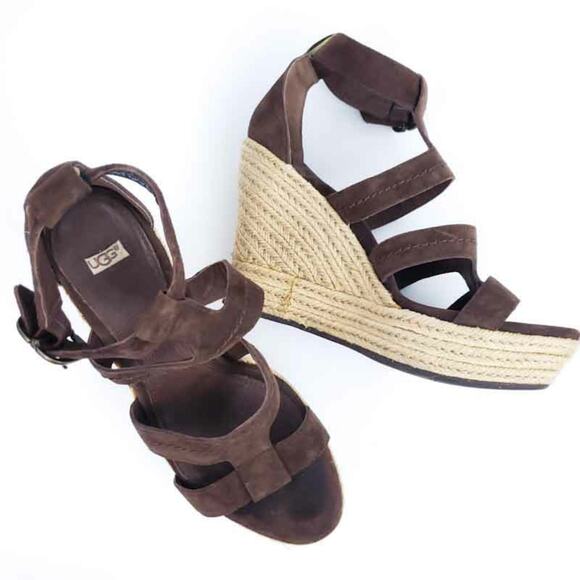 UGG Australia Brown Suede Wedges Lauri US 9 Festival Boho Platform Open Toe Shoe - Picture 1 of 9